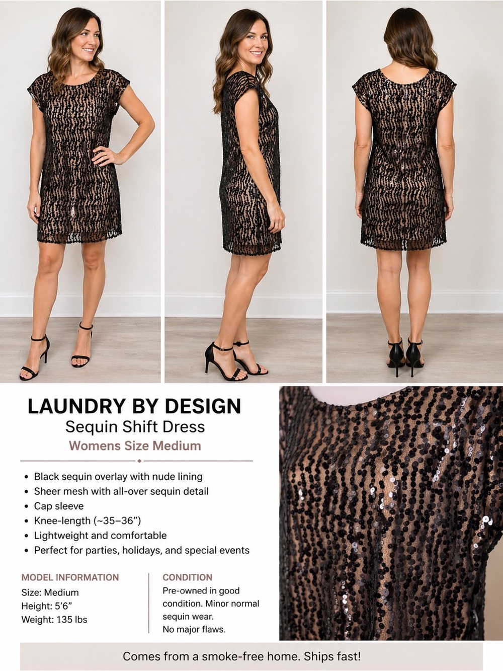 Laundry by Design Sequin Cocktail Dress Black Nude Medium - Picture 2 of 8